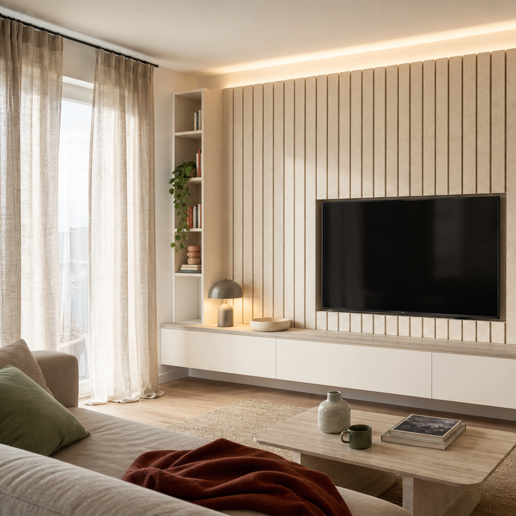 Parete TV con boiserie verticale Travertino Chiaro 2