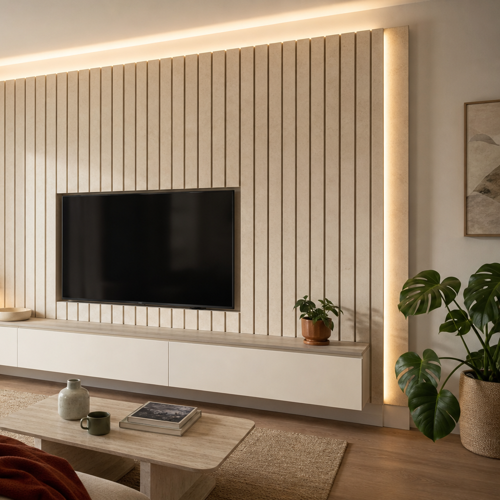 Parete TV con boiserie verticale Travertino Chiaro 3
