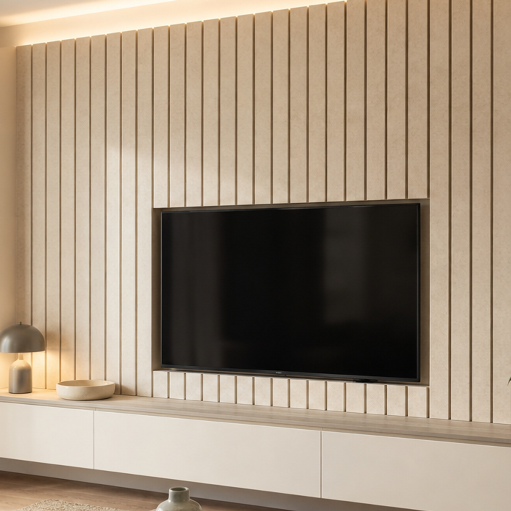 Parete TV con boiserie verticale Travertino Chiaro 4