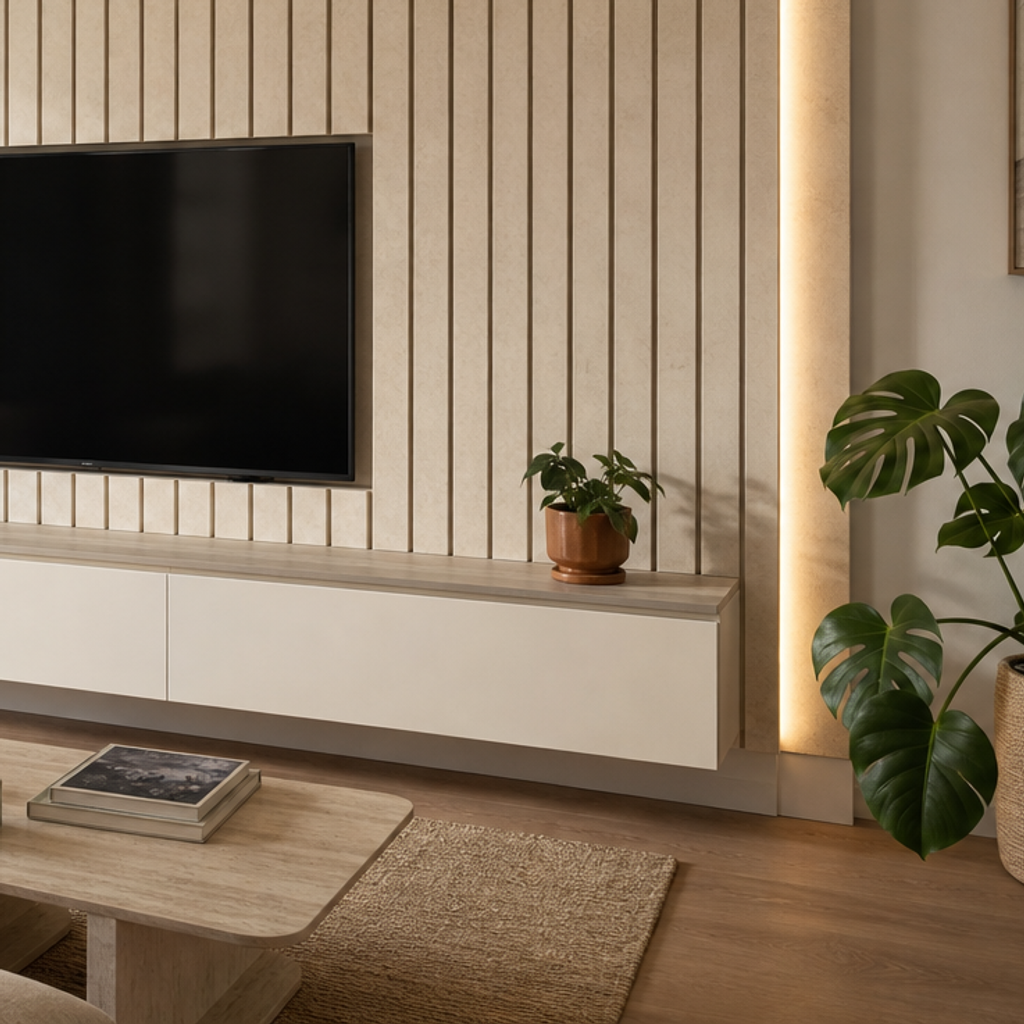 Parete TV con boiserie verticale Travertino Chiaro 5