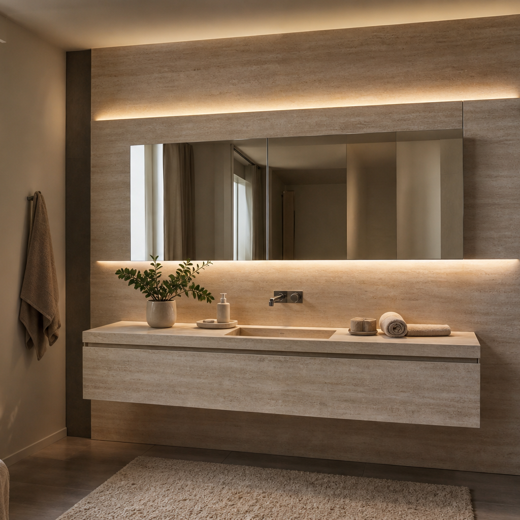 Parete bagno con mobile sospeso Travertino LED 1