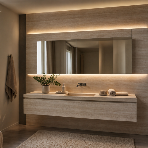 Parete bagno con mobile sospeso Travertino LED 1