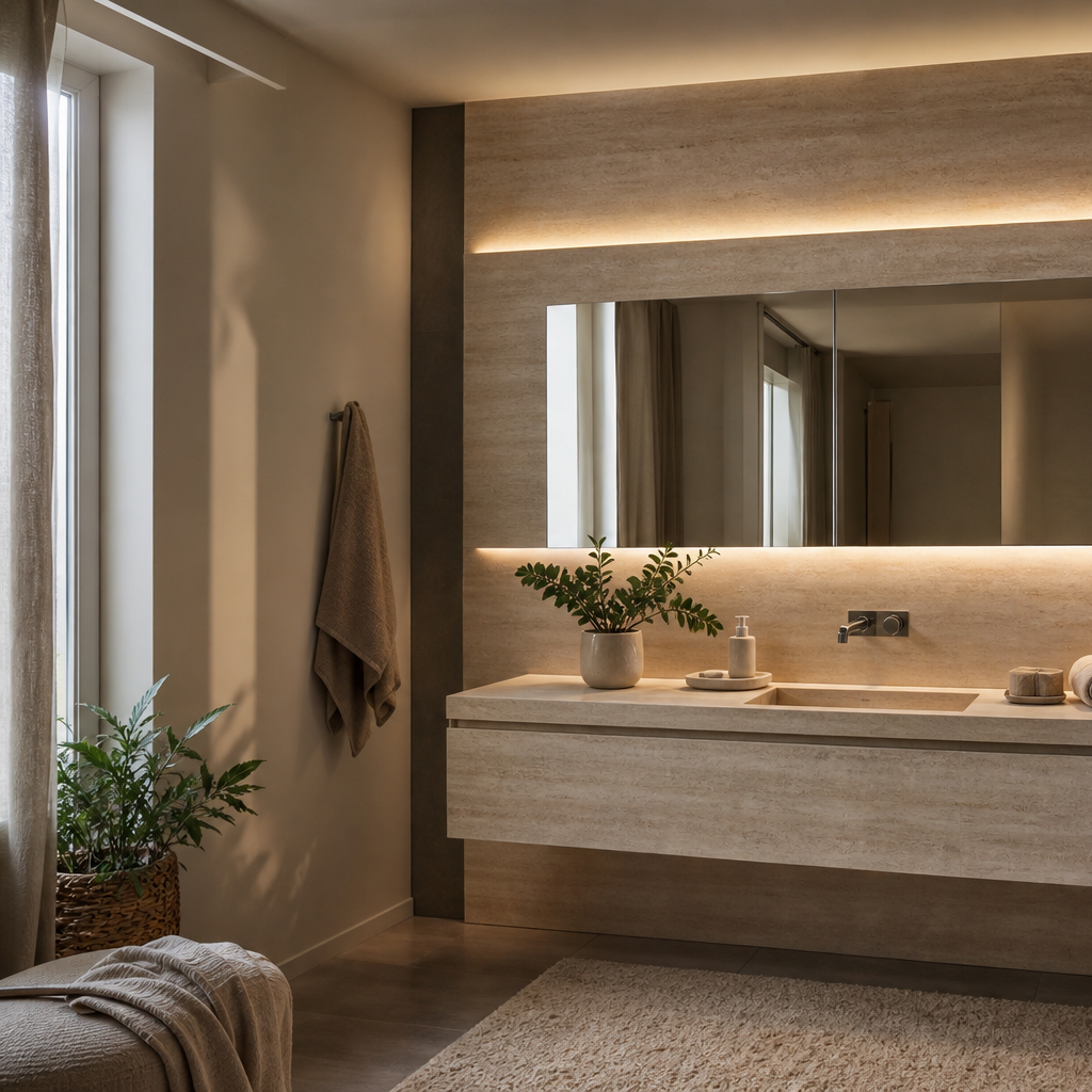 Parete bagno con mobile sospeso Travertino LED 2