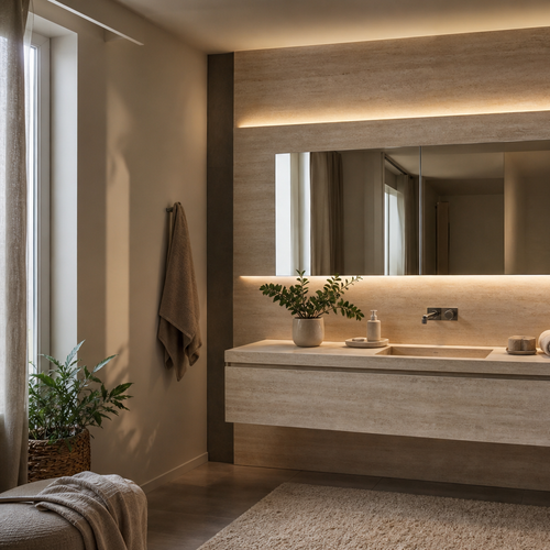 Parete bagno con mobile sospeso Travertino LED 2