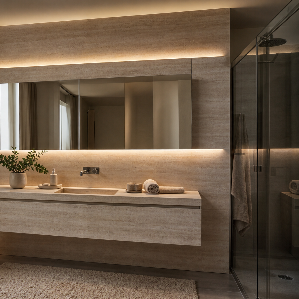 Parete bagno con mobile sospeso Travertino LED 3