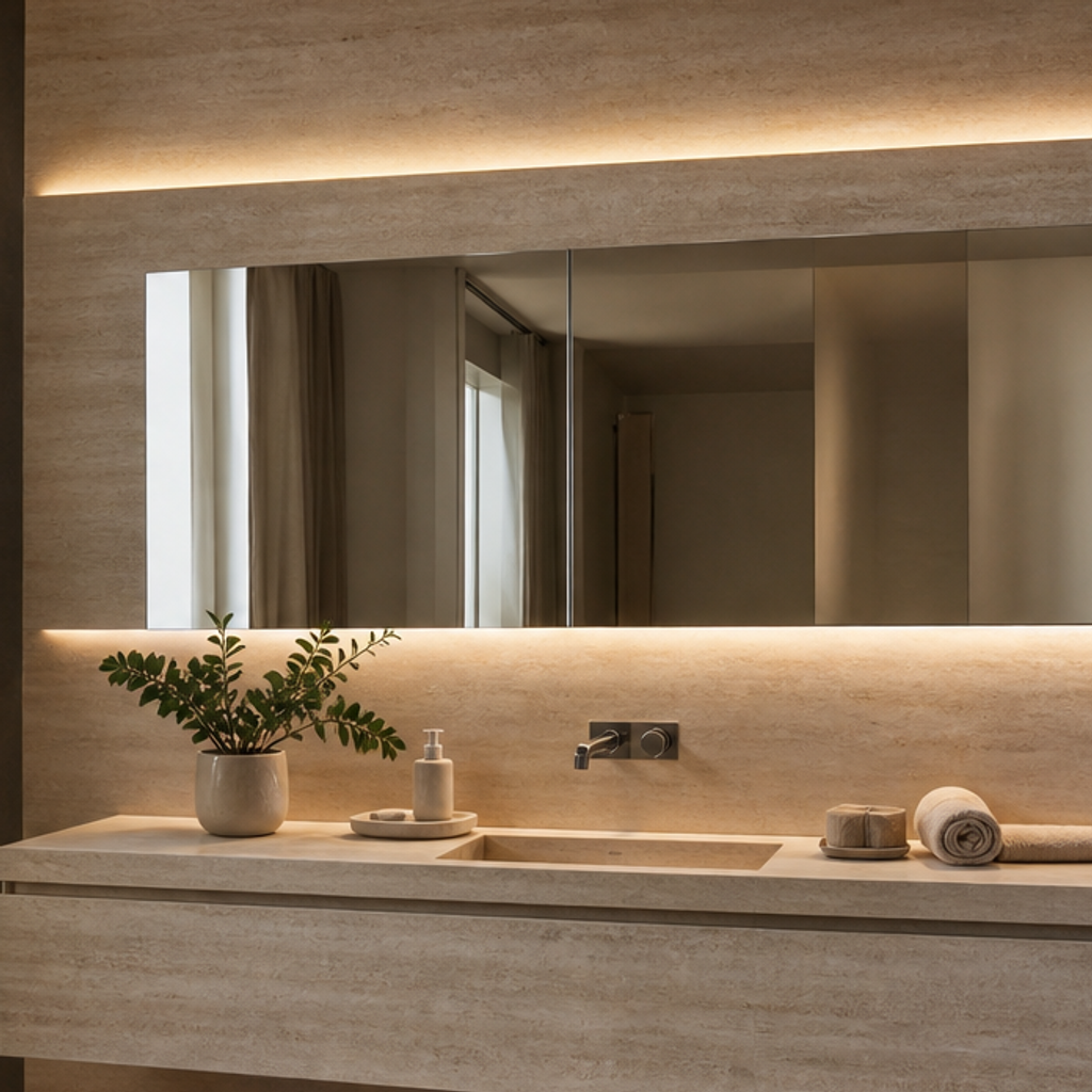 Parete bagno con mobile sospeso Travertino LED 4