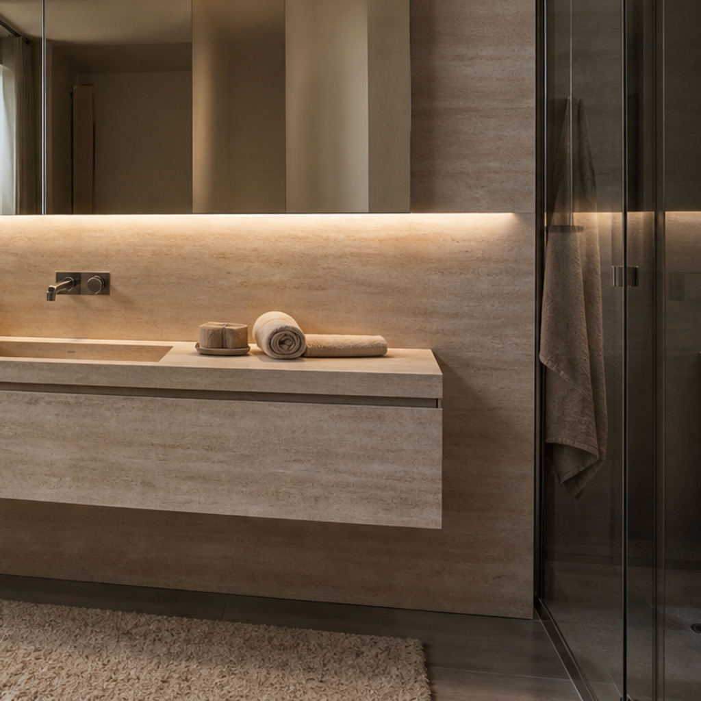 Parete bagno con mobile sospeso Travertino LED 5