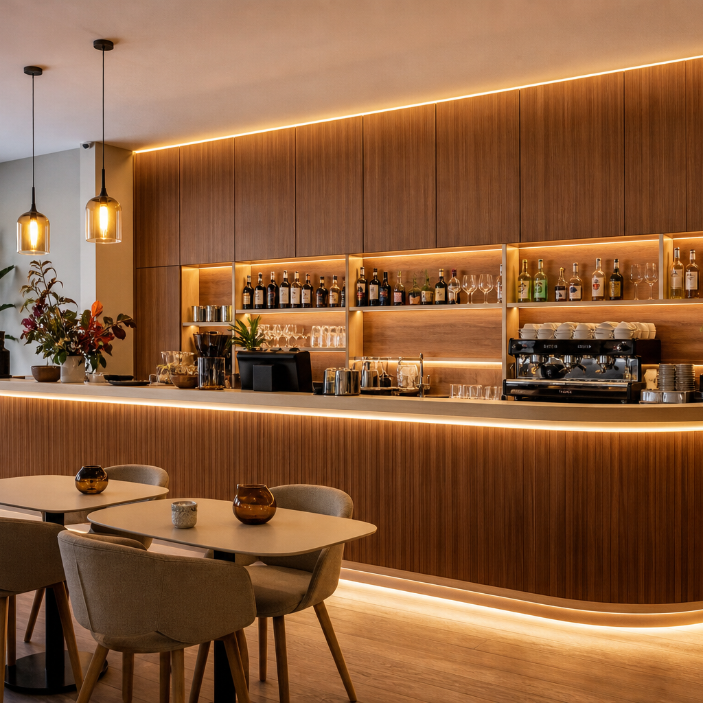 Parete bar con rivestimento lavabile Noce LED 1