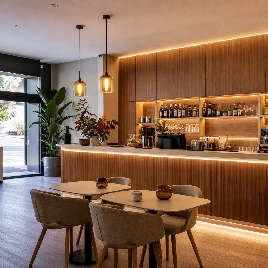 Parete bar con rivestimento lavabile Noce LED 2
