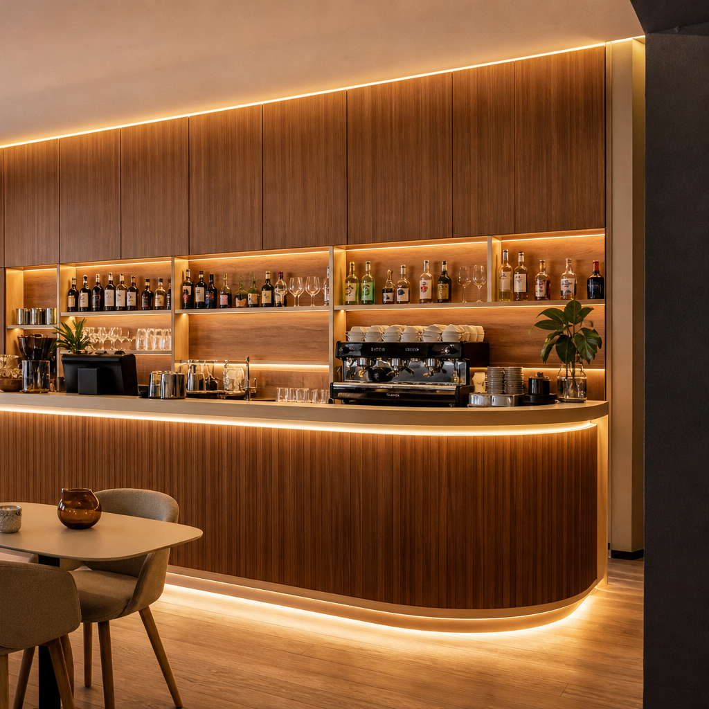 Parete bar con rivestimento lavabile Noce LED 3