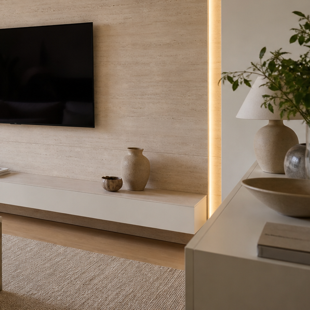 Parete soggiorno con LED laterale Travertino Chiaro 5