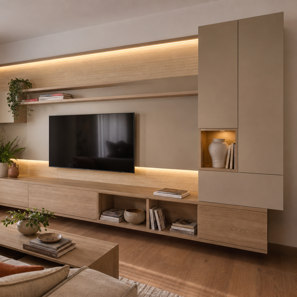 Parete soggiorno effetto travertino Rovere Sabbia 3