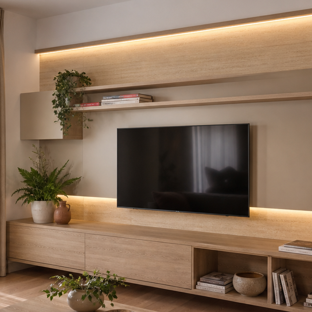 Parete soggiorno effetto travertino Rovere Sabbia 4