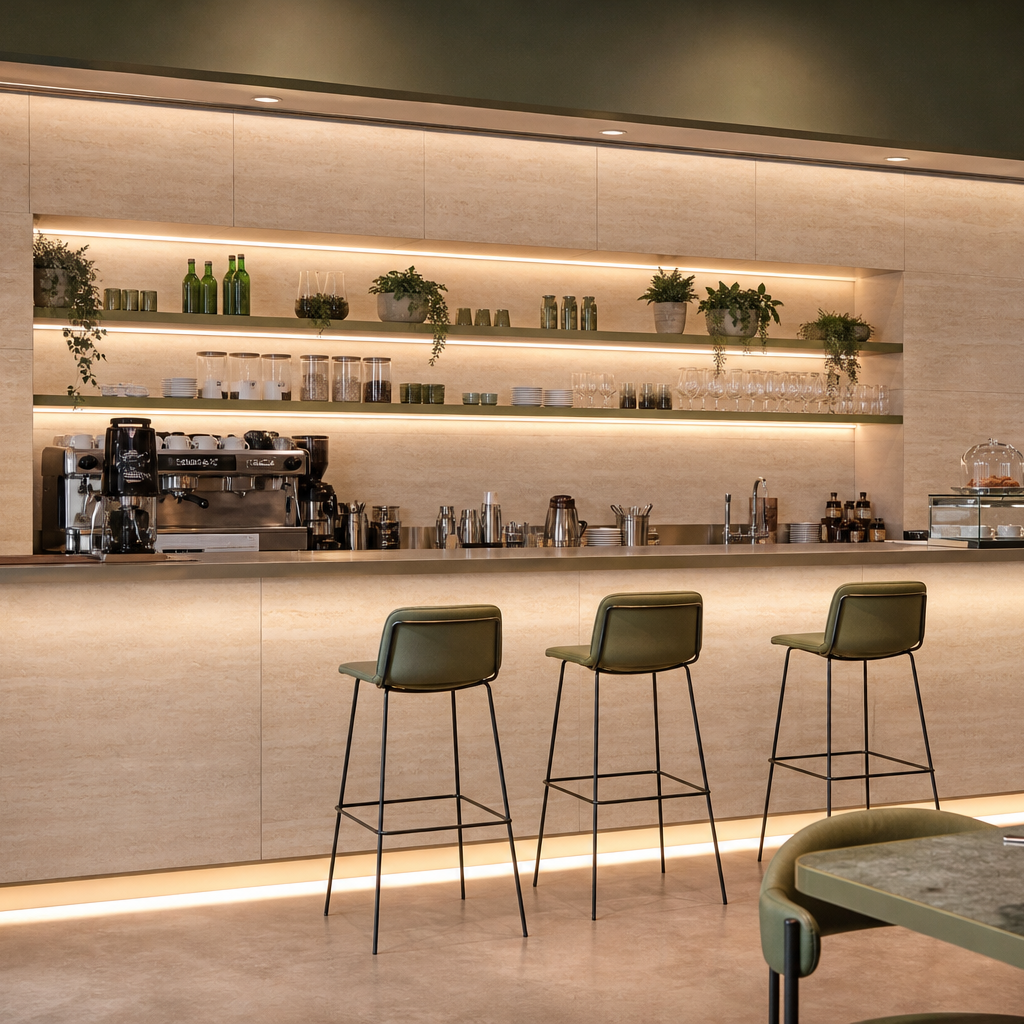 Parete bar con rivestimento lavabile Travertino HPL 1