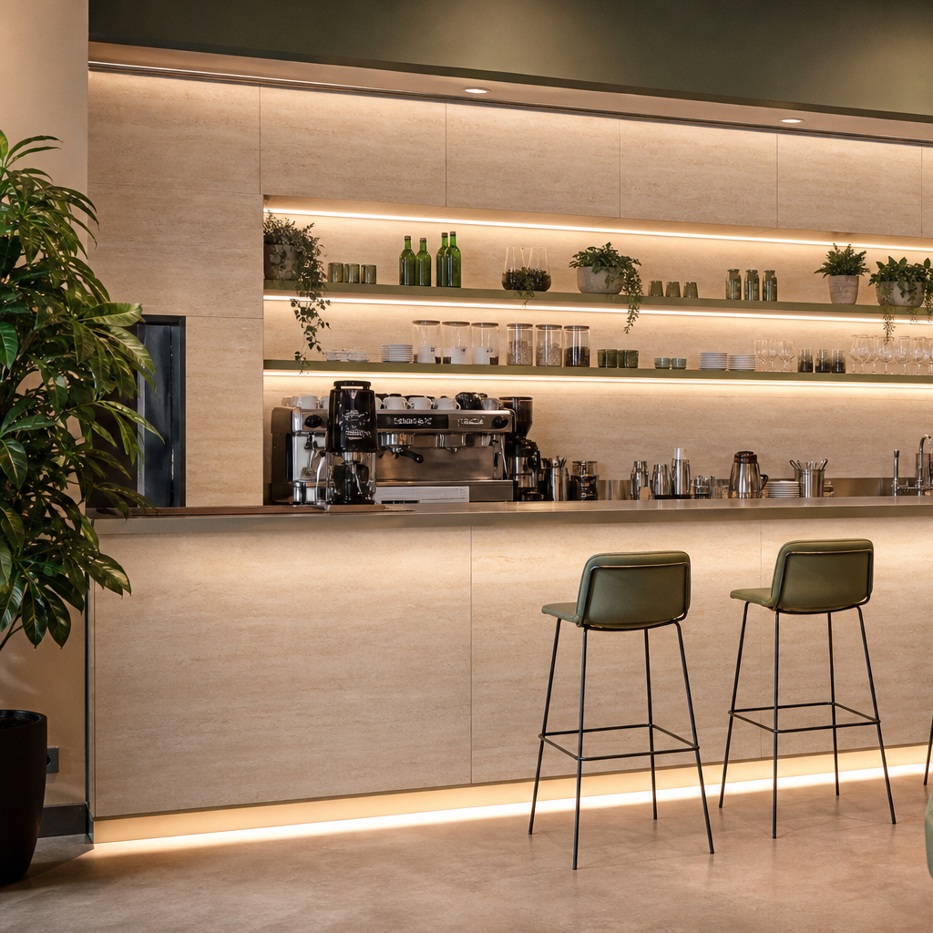 Parete bar con rivestimento lavabile Travertino HPL 2