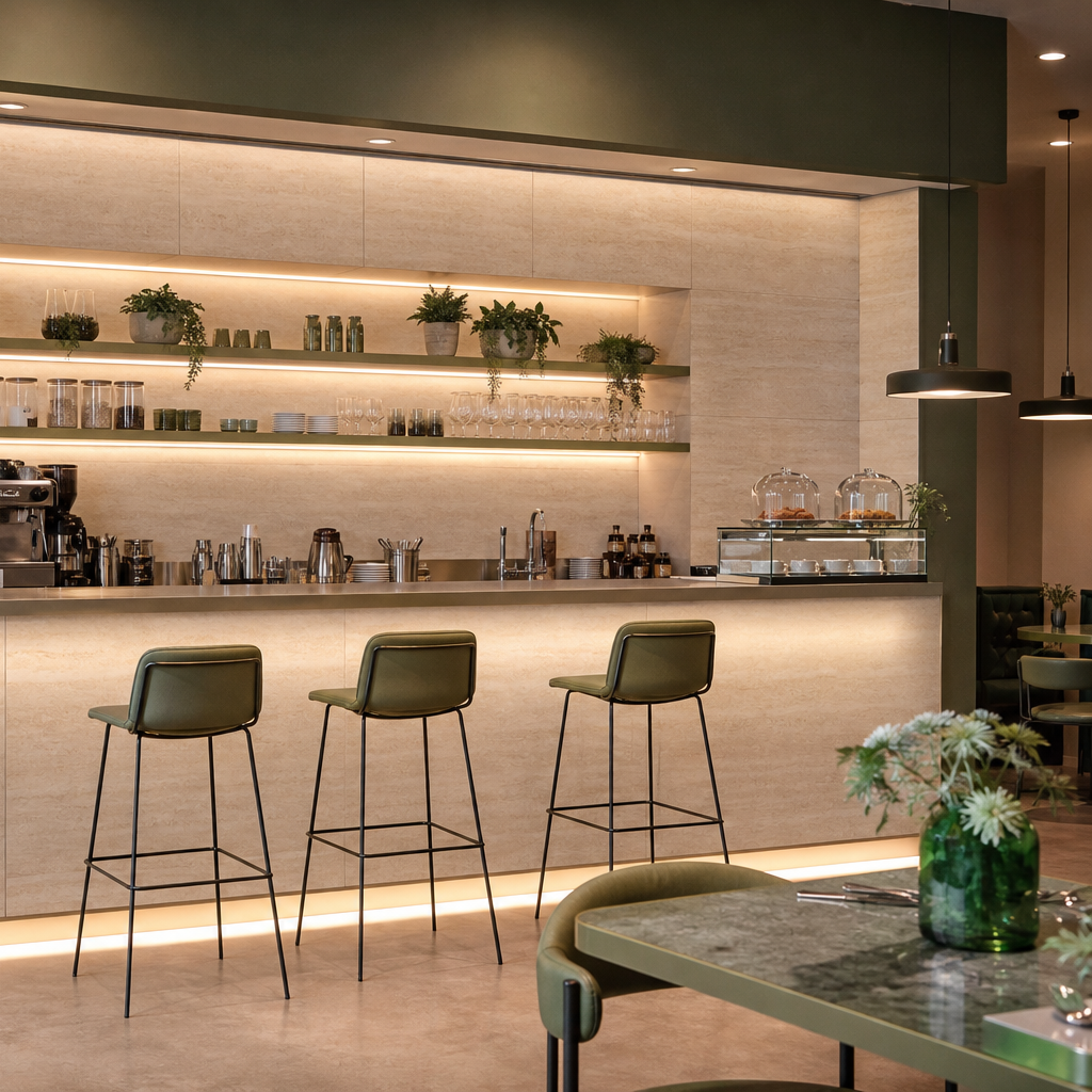 Parete bar con rivestimento lavabile Travertino HPL 3