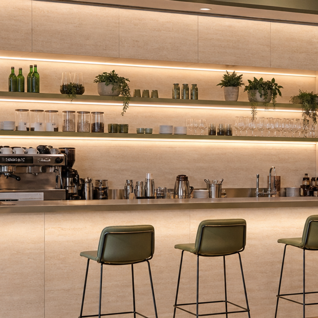 Parete bar con rivestimento lavabile Travertino HPL 4