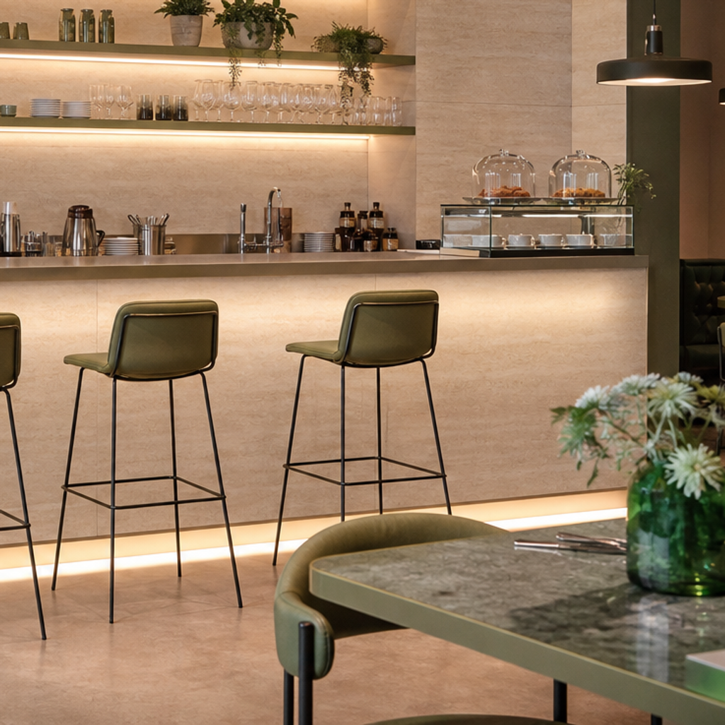 Parete bar con rivestimento lavabile Travertino HPL 5