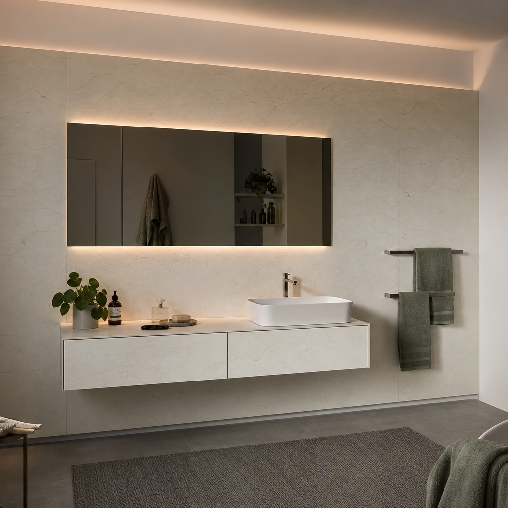 Parete bagno con mobile sospeso HPL Chiaro 1