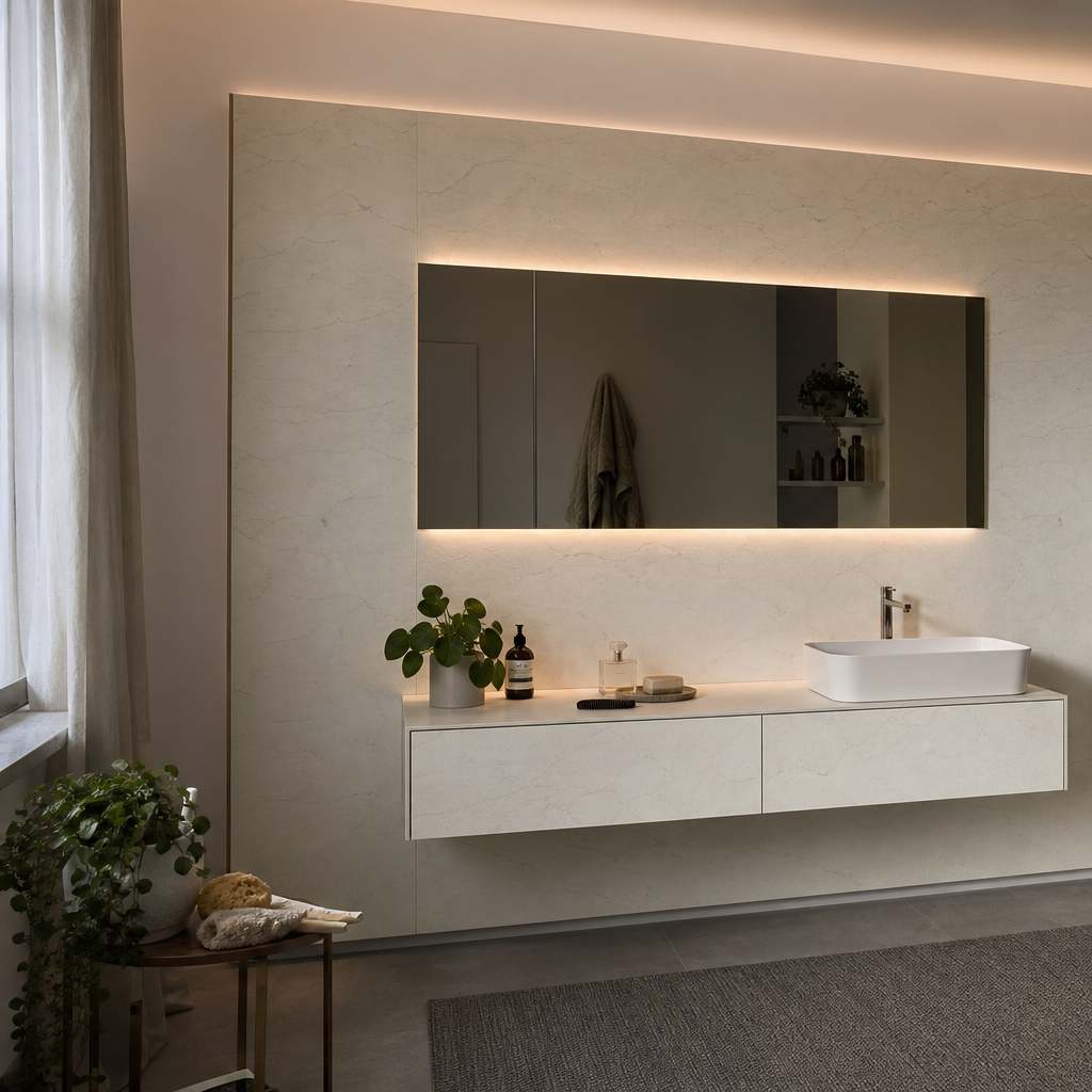 Parete bagno con mobile sospeso HPL Chiaro 2