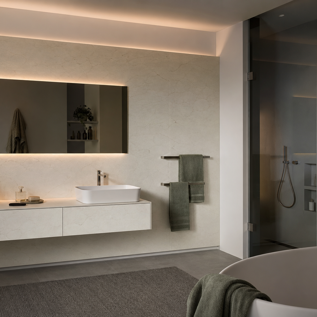 Parete bagno con mobile sospeso HPL Chiaro 3