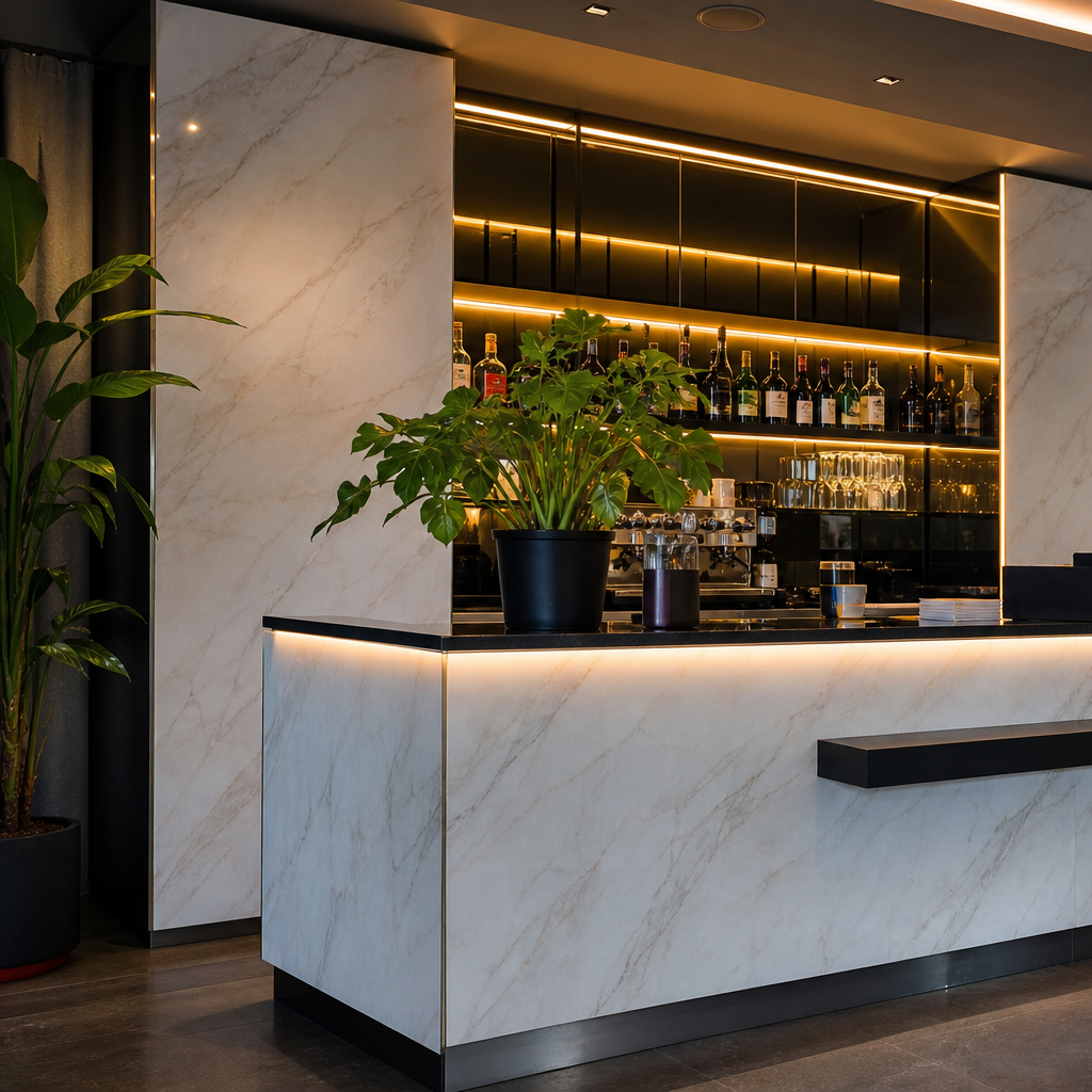 Parete bar con rivestimento lavabile Marmo Specchio 2