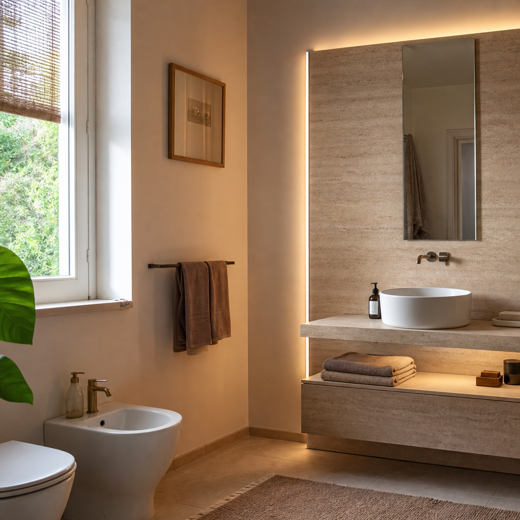 Parete bagno ospiti compatta Travertino LED 2