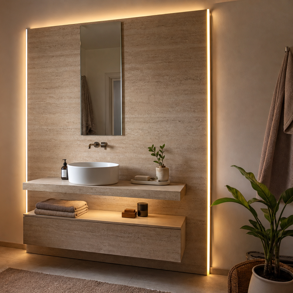 Parete bagno ospiti compatta Travertino LED 3