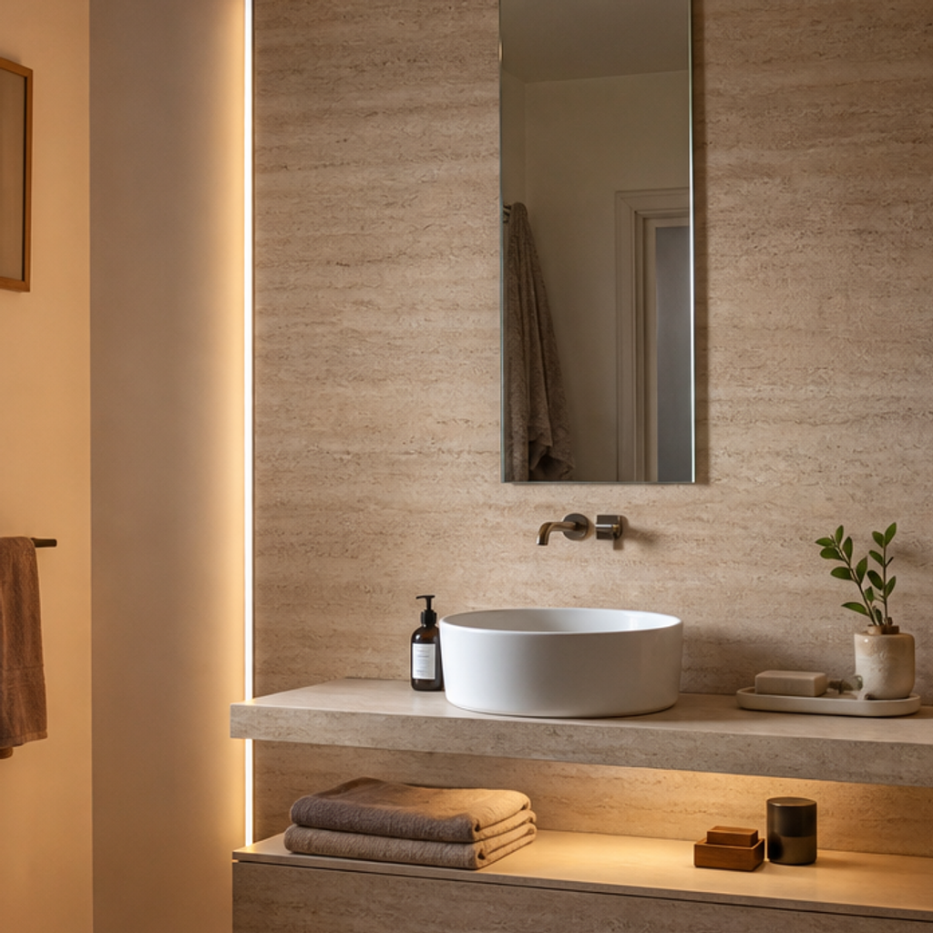 Parete bagno ospiti compatta Travertino LED 4