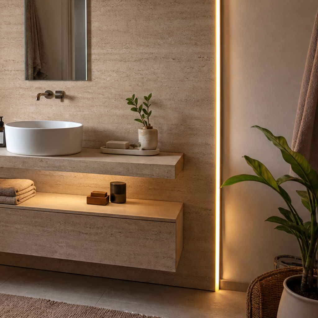 Parete bagno ospiti compatta Travertino LED 5