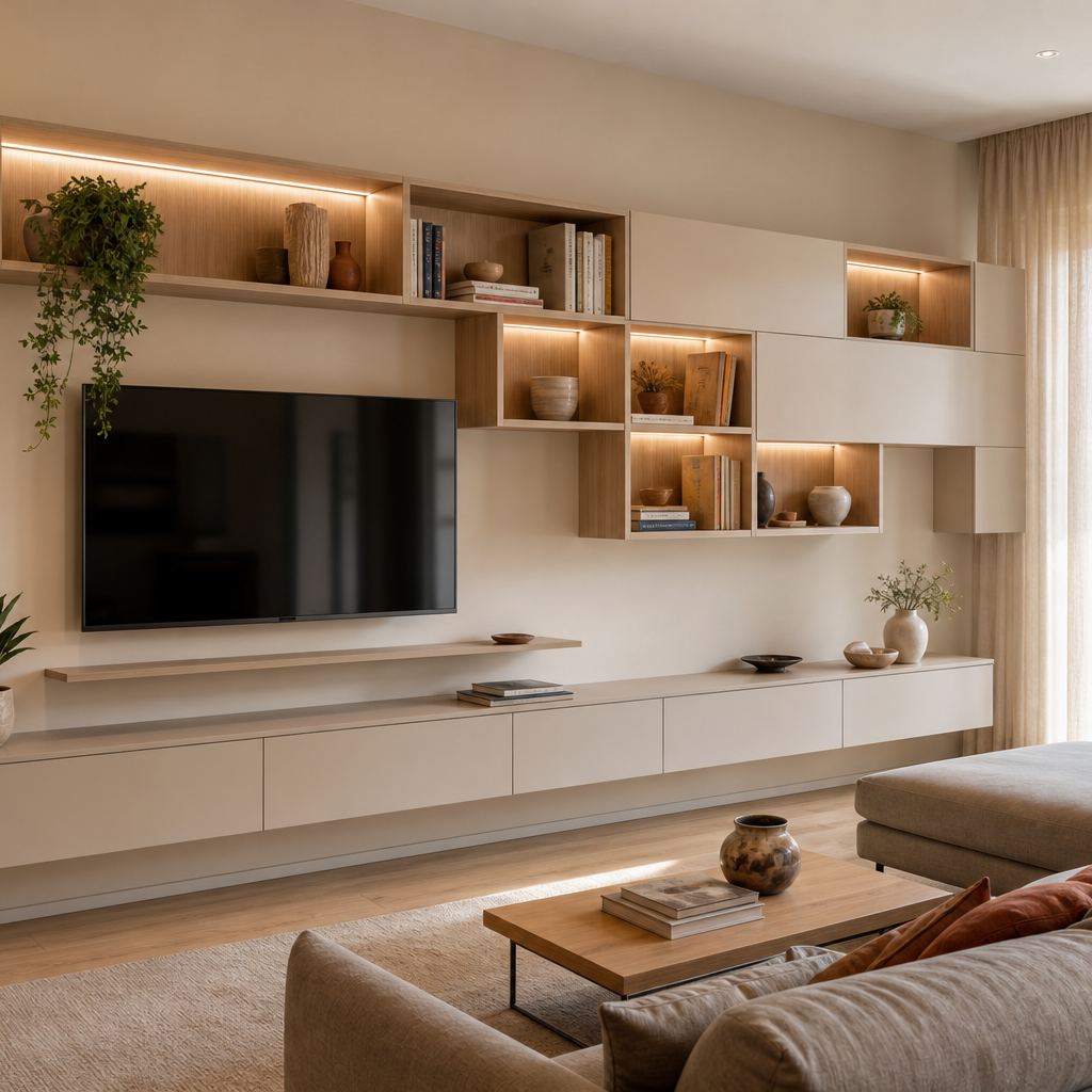 Parete TV asimmetrica con vani aperti Rovere Sabbia 1