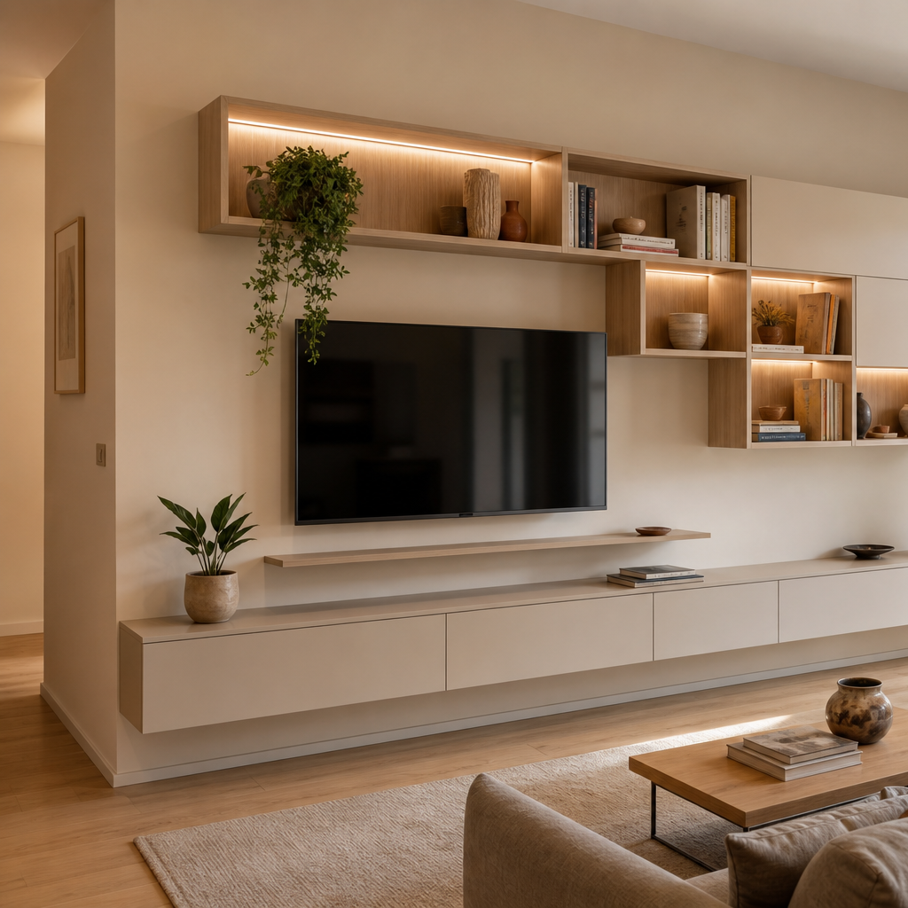 Parete TV asimmetrica con vani aperti Rovere Sabbia 2