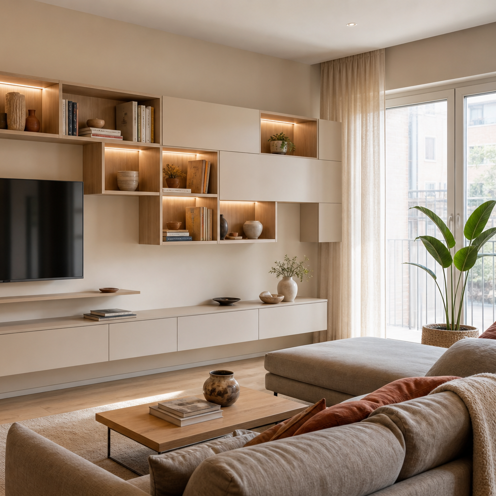 Parete TV asimmetrica con vani aperti Rovere Sabbia 3