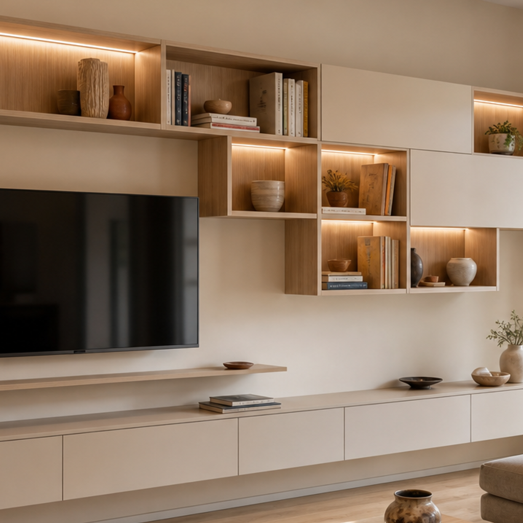 Parete TV asimmetrica con vani aperti Rovere Sabbia 4