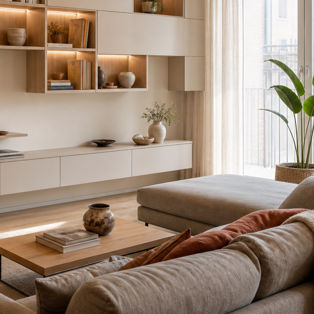 Parete TV asimmetrica con vani aperti Rovere Sabbia 5