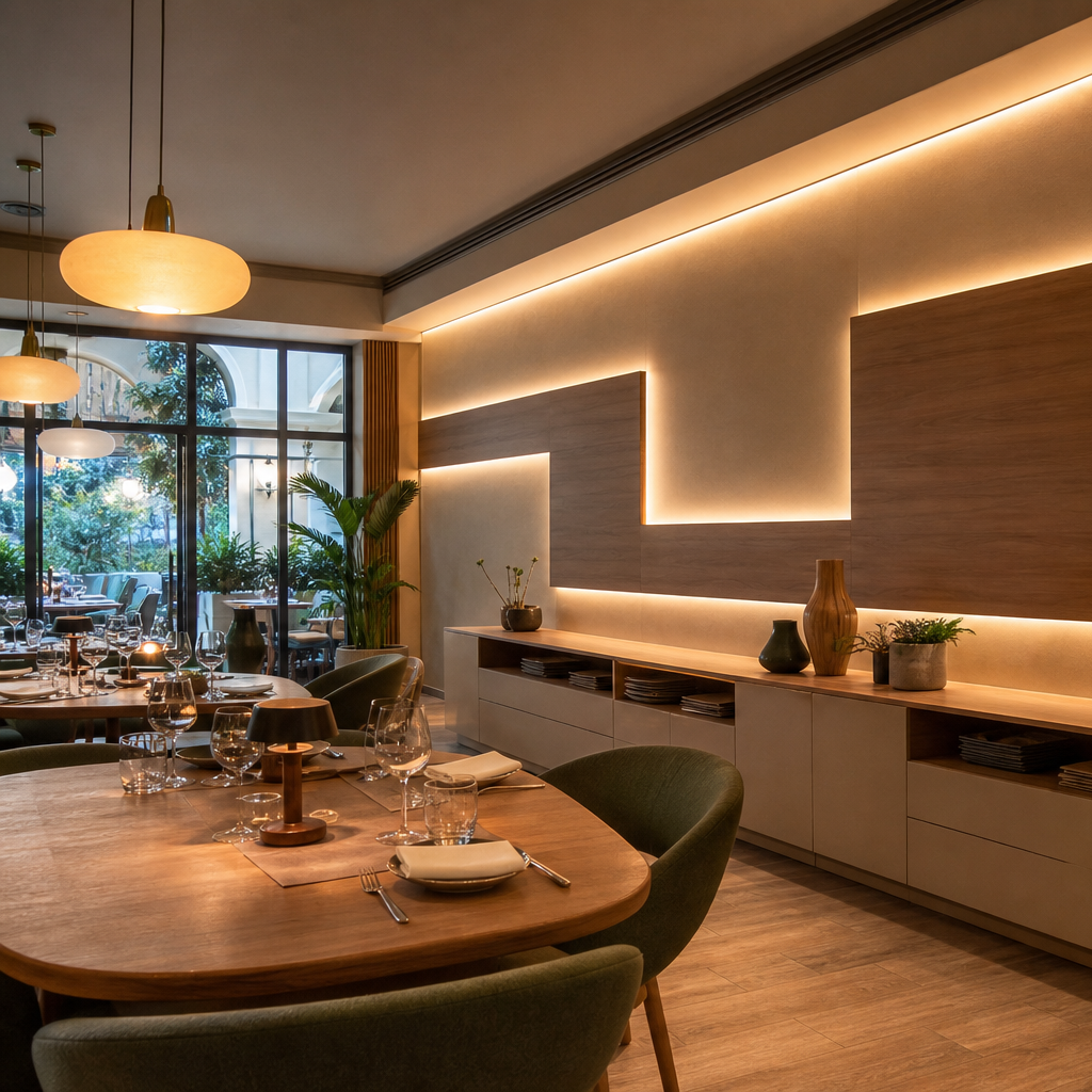 Parete ristorante effetto travertino Noce LED 2