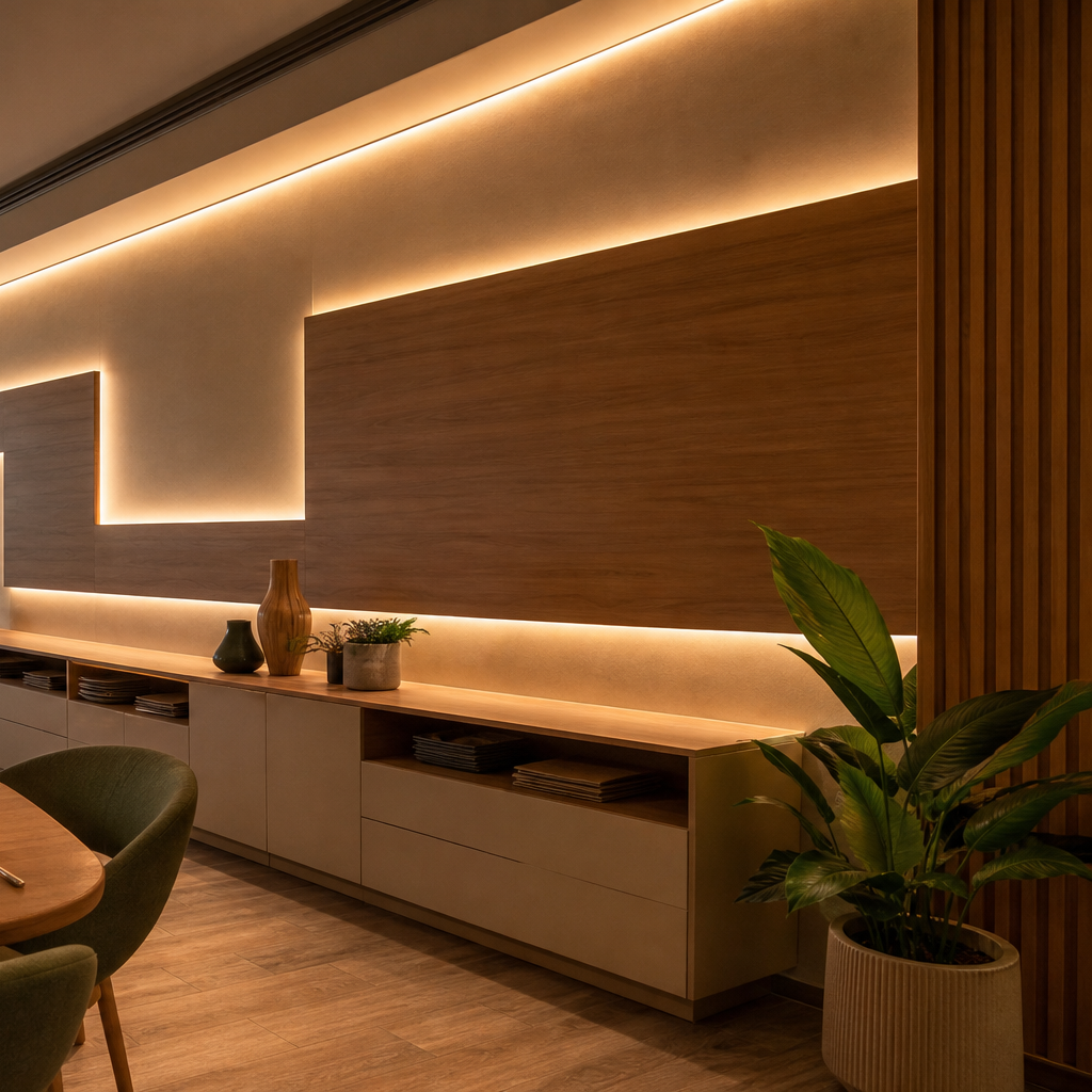 Parete ristorante effetto travertino Noce LED 3