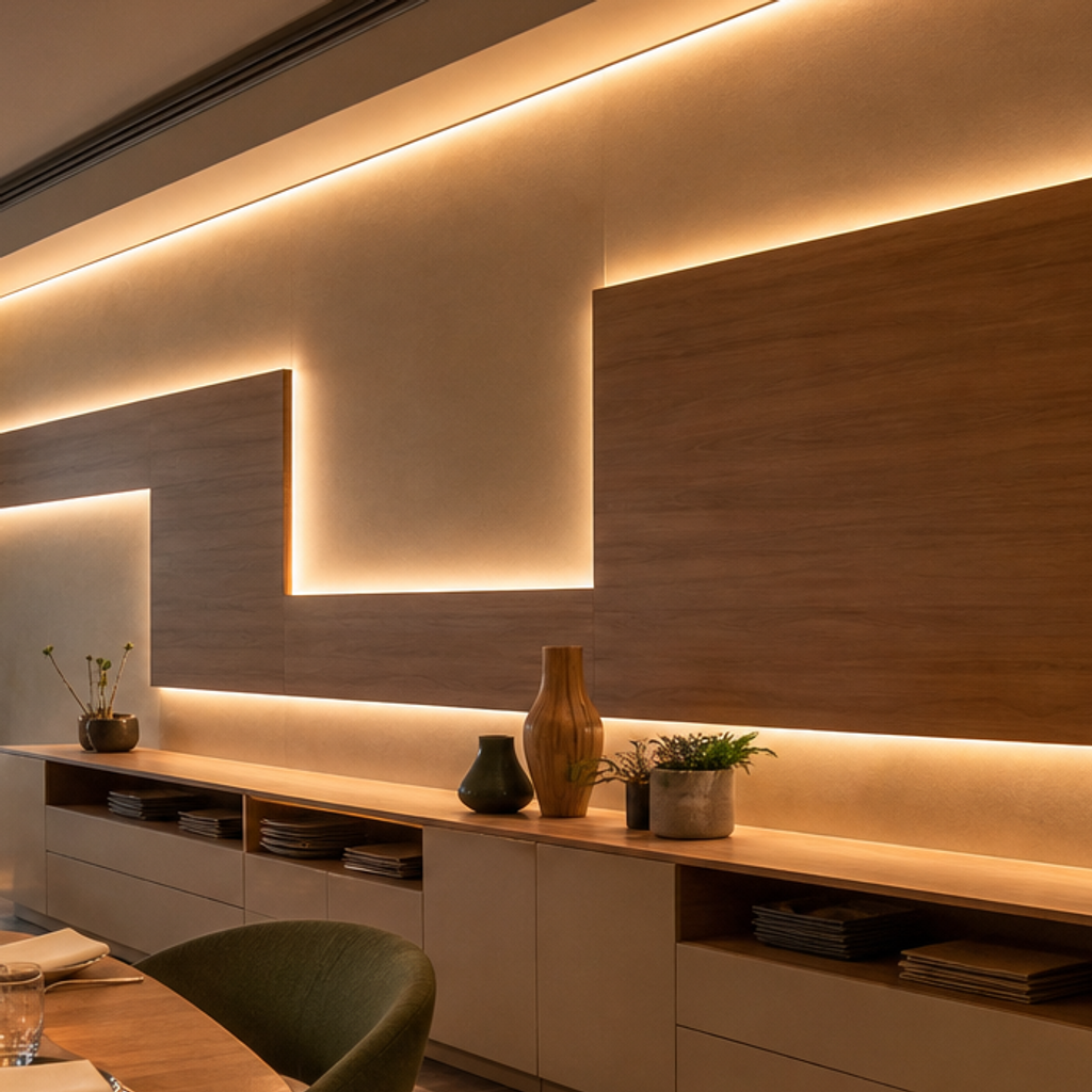 Parete ristorante effetto travertino Noce LED 4