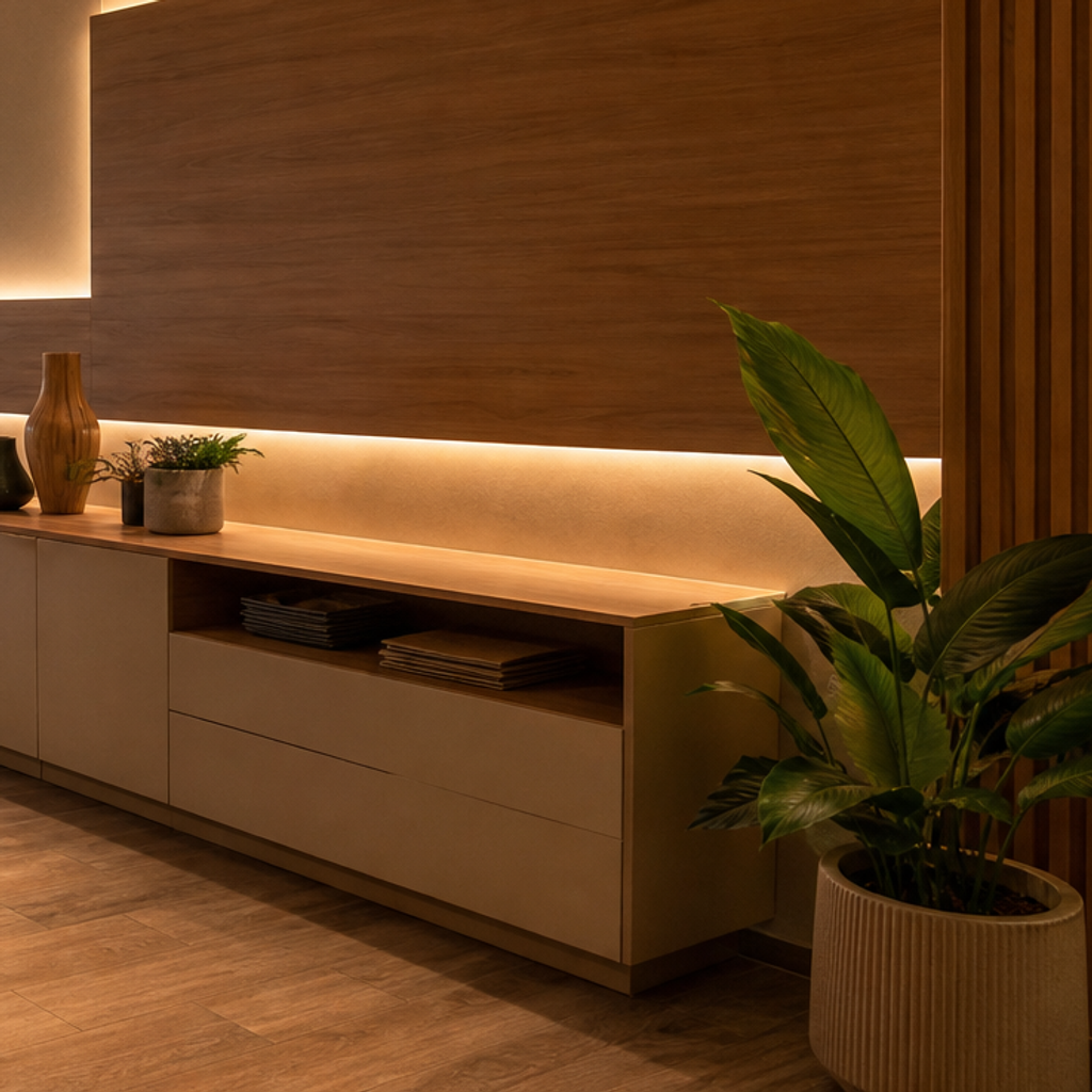 Parete ristorante effetto travertino Noce LED 5