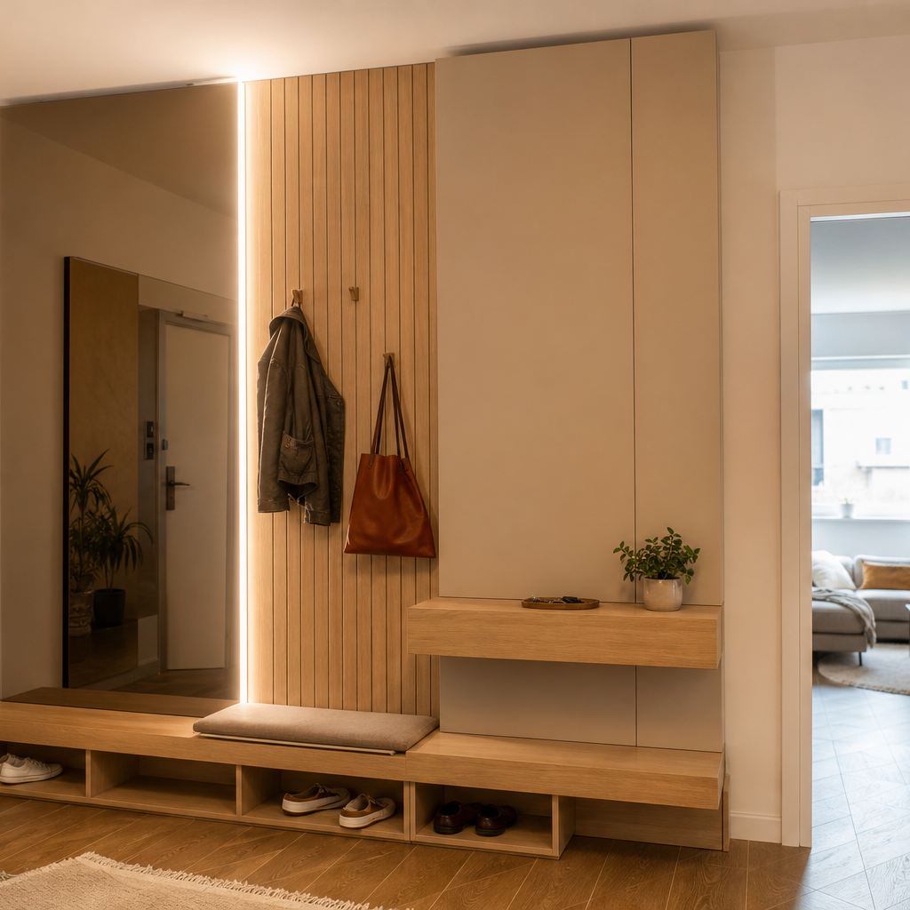 Parete ingresso con LED verticale Rovere Specchio 1