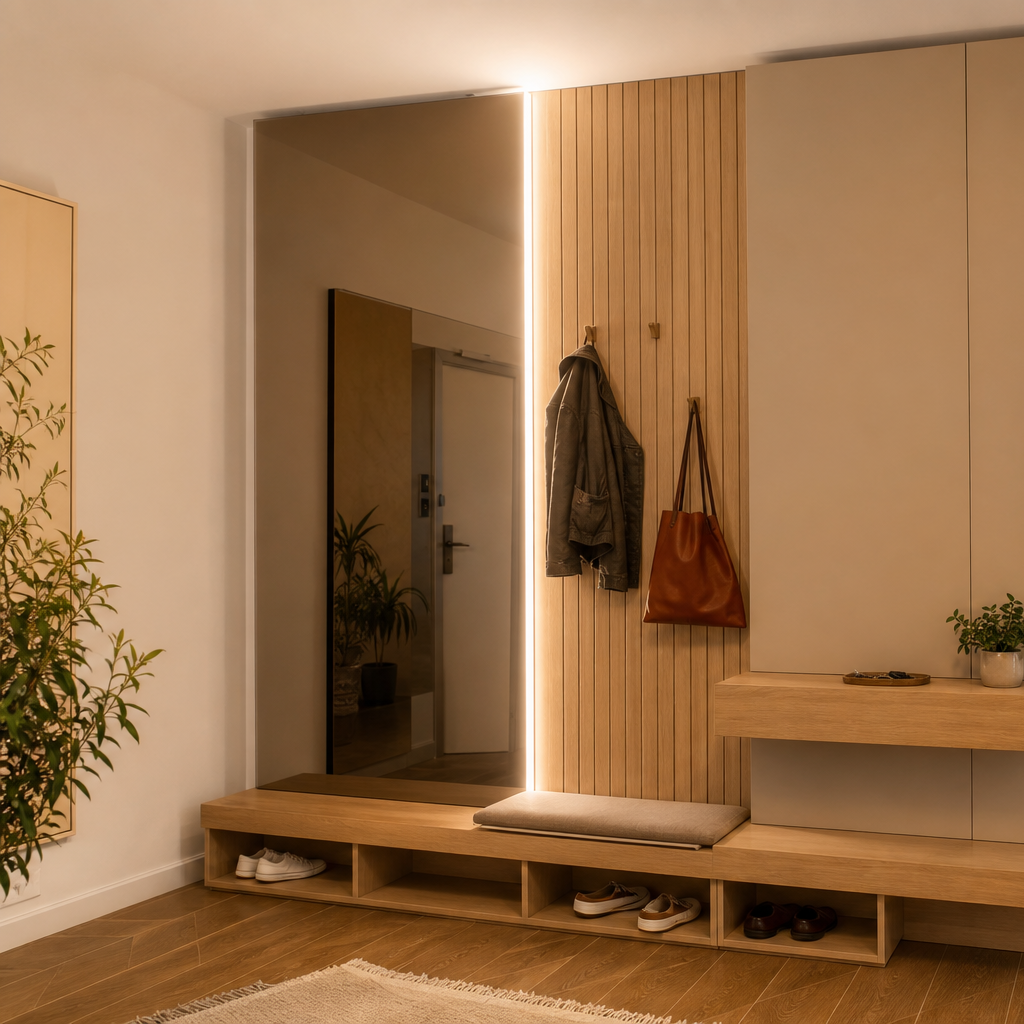 Parete ingresso con LED verticale Rovere Specchio 2