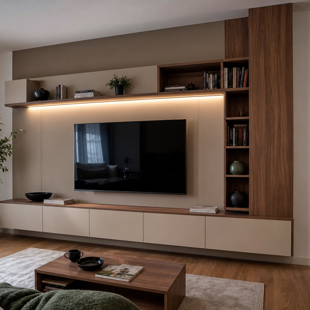 Parete TV asimmetrica con vani aperti Noce Canapa 1