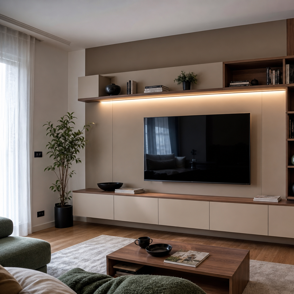 Parete TV asimmetrica con vani aperti Noce Canapa 2