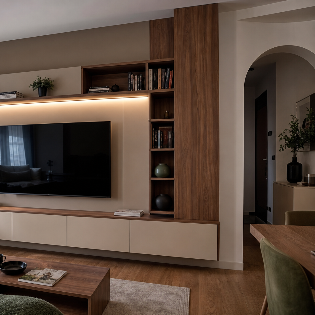 Parete TV asimmetrica con vani aperti Noce Canapa 3