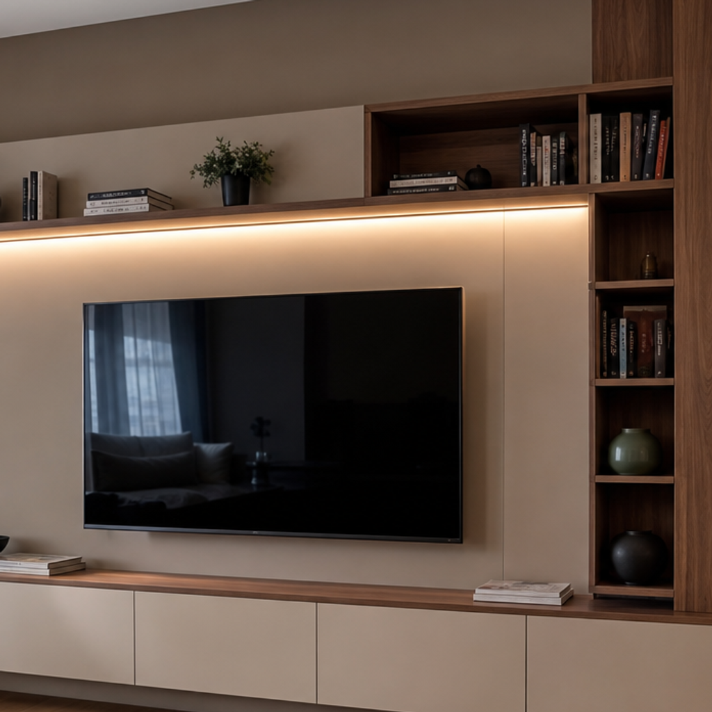Parete TV asimmetrica con vani aperti Noce Canapa 4