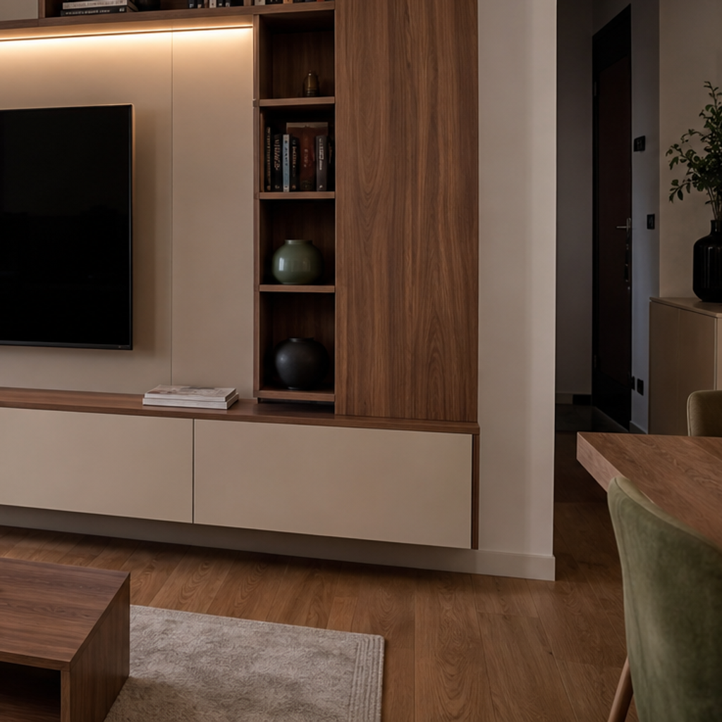 Parete TV asimmetrica con vani aperti Noce Canapa 5