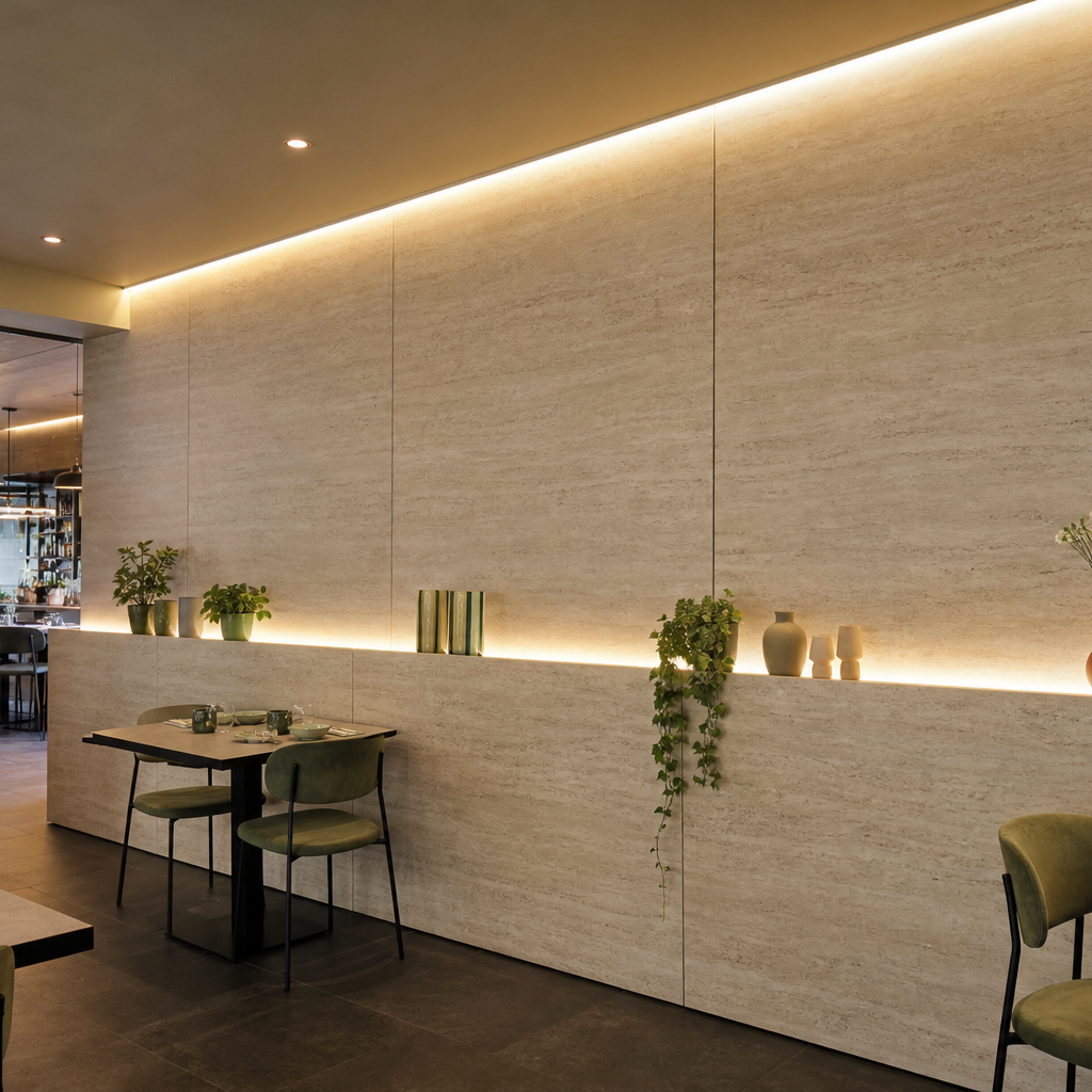 Parete ristorante effetto travertino Travertino HPL 1