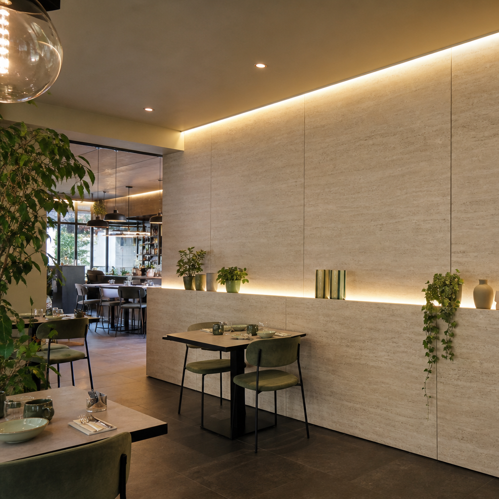 Parete ristorante effetto travertino Travertino HPL 2