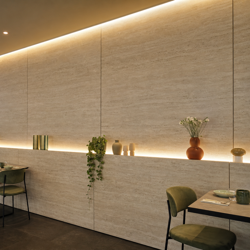 Parete ristorante effetto travertino Travertino HPL 3
