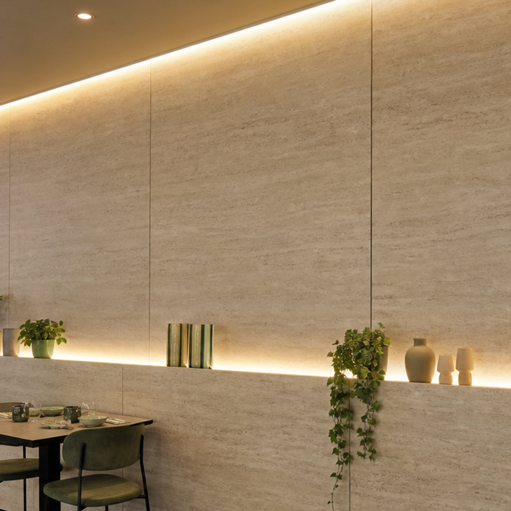 Parete ristorante effetto travertino Travertino HPL 4